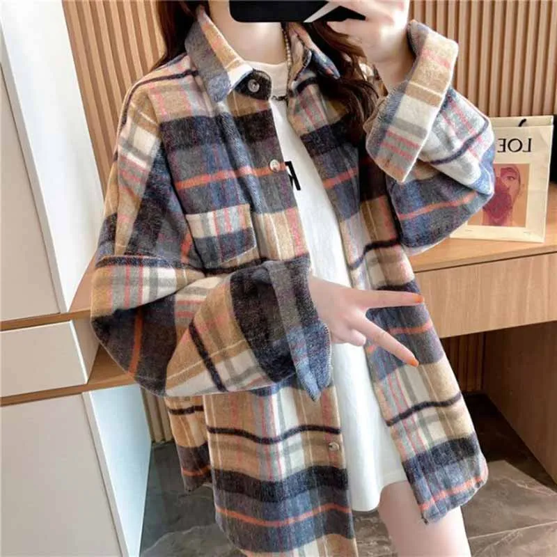 Women Korean Spring Thickening Frosted Plaid Cardigan Blouse Female Hong Kong Style Retro Loose Fit Leisure Long Sleeved Shirts