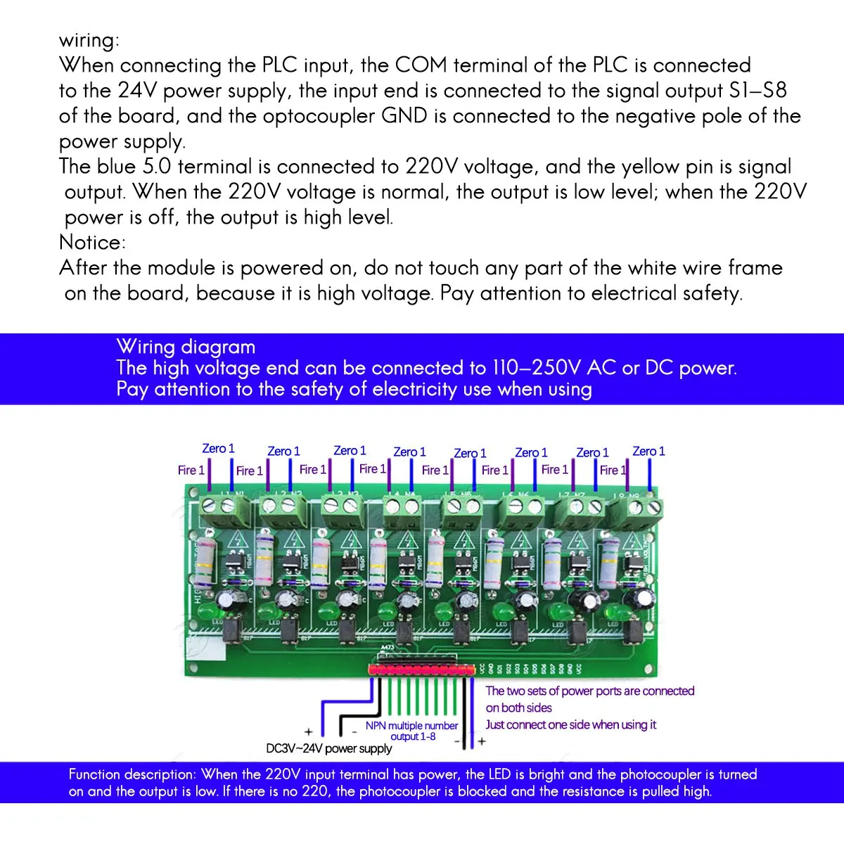 AC 220V 8 Channel Optocoupler Module 220V Optocoupler Isolation, 220V Voltage Detection, PLC Can Be Connected