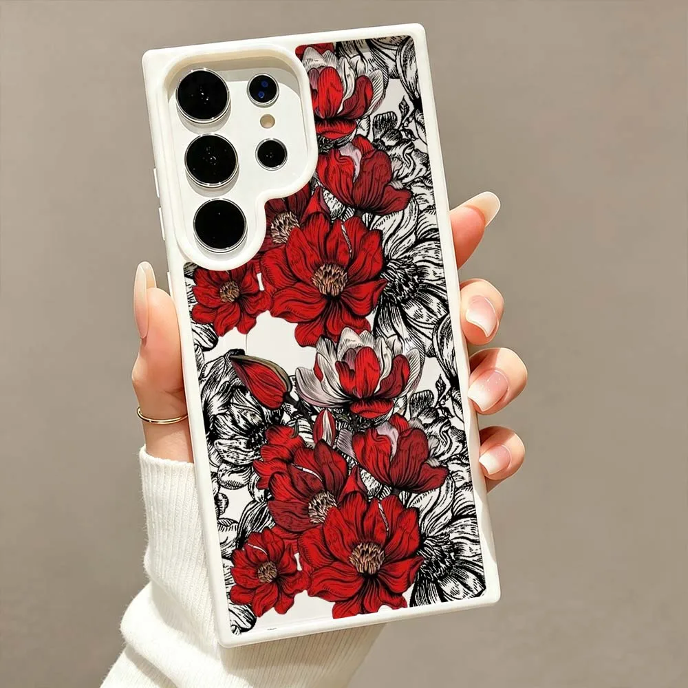 Sophisticated Red Flowers Phone Case For Samsung Galaxy S26 S25 S24 S23 FE Plus Ultra Wireless Charge Magnetic Magsafe Cover