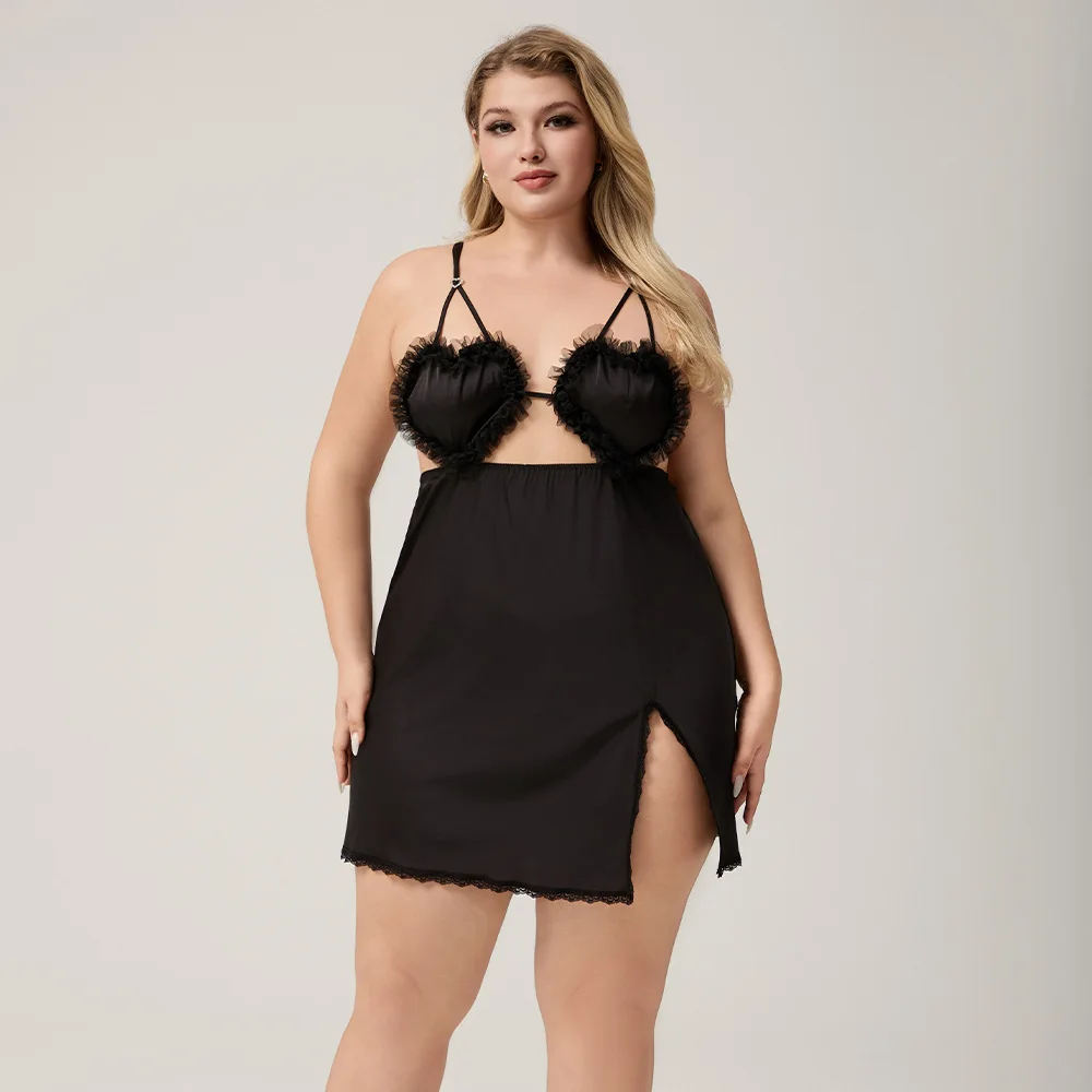 

Sexy Black Satin Nightgown Home Dressing Gown Plus Size Sleepdress Nightwear Loose Casual Ice Silk Nightie Lounge Wear