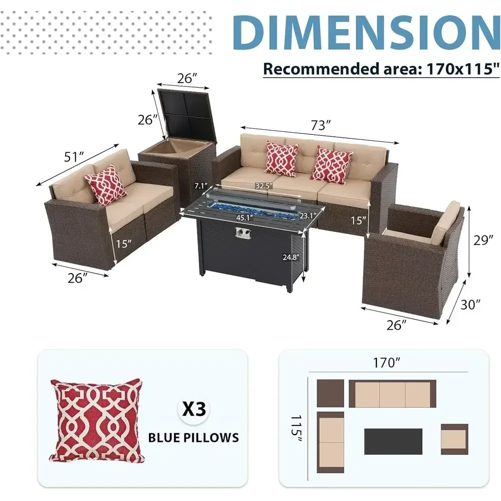 8-Piece Rattan Patio Furniture Set with 45 Fire Pit Table, Outdoor Sectional Sofa with Storage and Cushions, Beige