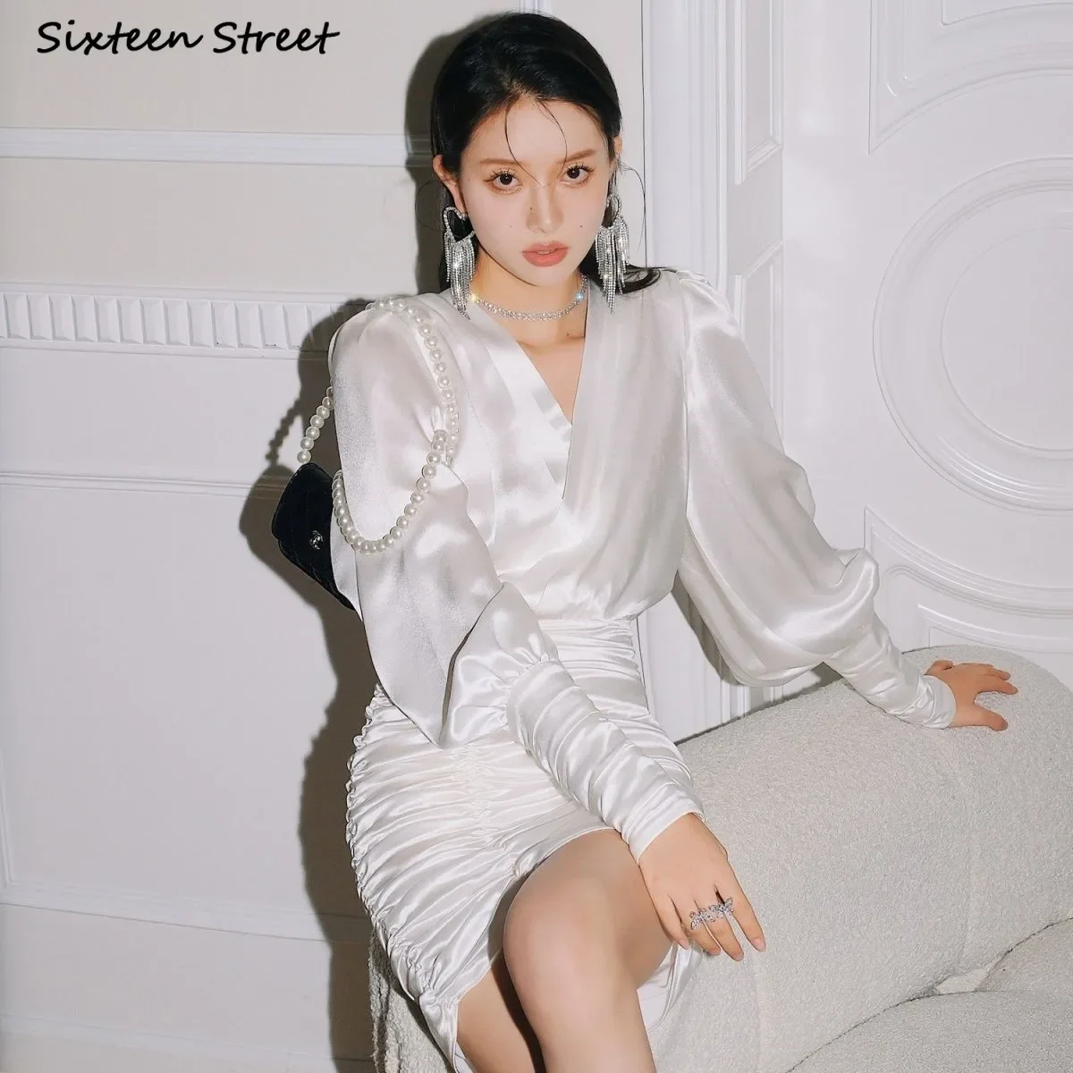 New White Dress Women Satin Shirring V-neck Elegance Mini Party Dresses Female Vestido Runway Long-sleeve Clothing Spring