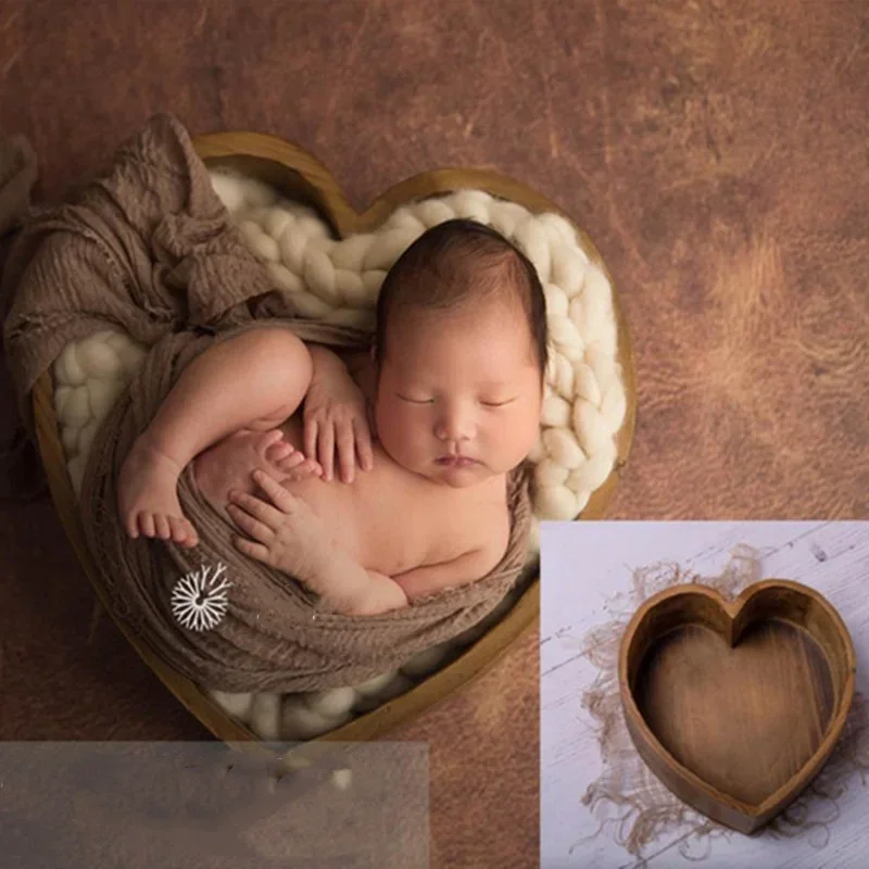 Minimalist Wooden Heart-shaped Box Newborn Baby Photo Props Container Full Moon Infant Modeling Shooting Studio Props Container