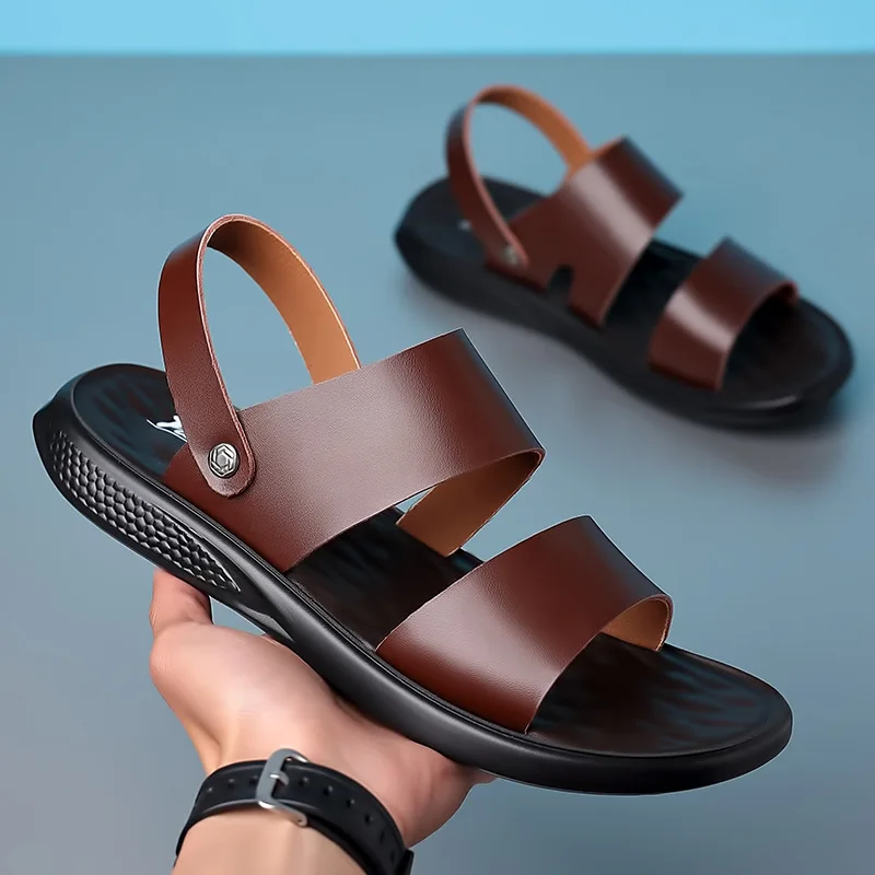 Summer Thick Soled Casual Men's Sandals Outdoor Sports Non Slip Men's Leather Beach Slippers Soft Soled Men's Shoes