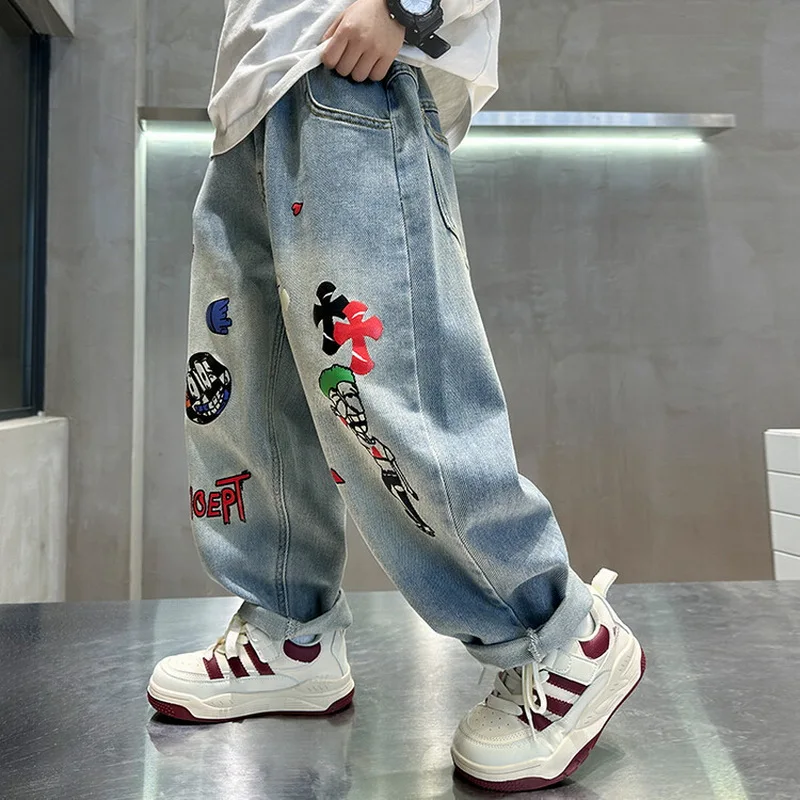 Spring and Autumn Children's Jeans Printing Loose Relaxed Pants for Boys and Girls Jeans Baby Kids Trousers 2-7 Years