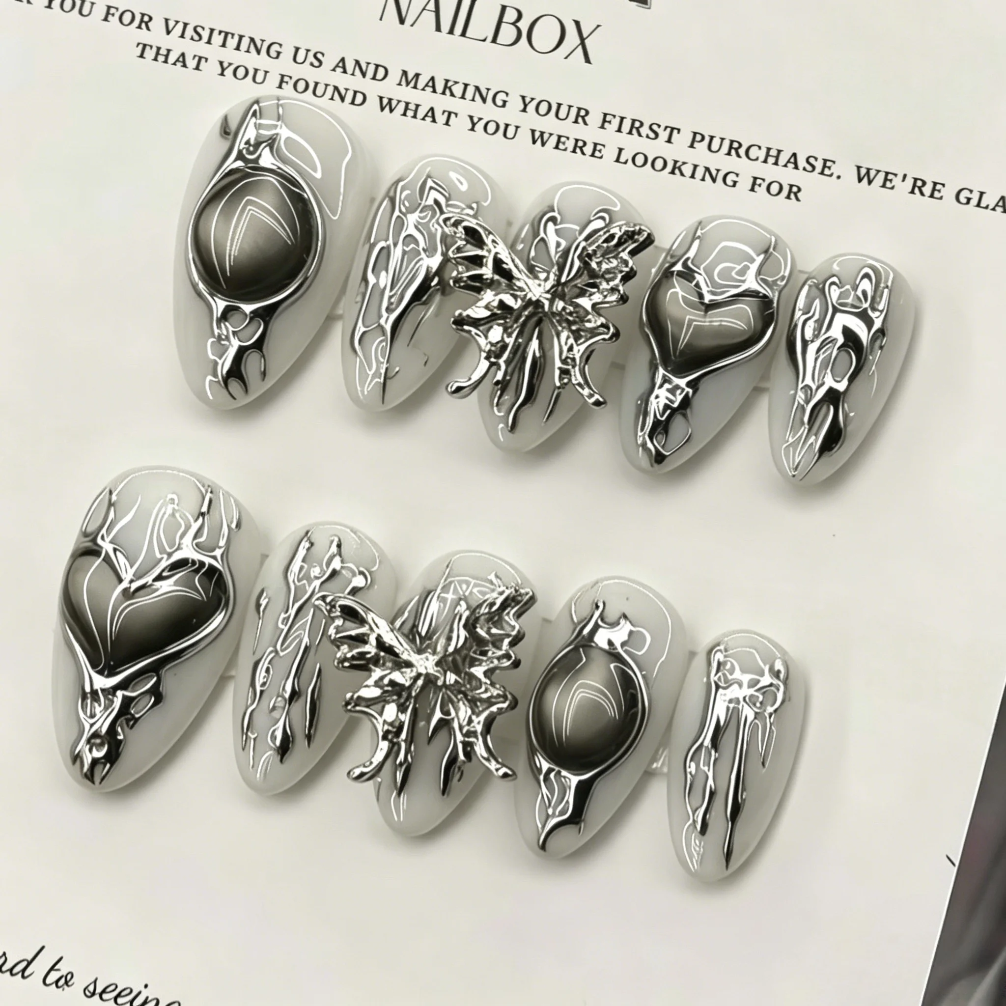 10pcs Metal Butterfly Handmade Nails Silver-Plated Seductive Y2K Press on Nail Short Almond Full Coverage Nail for Women&Girl 4