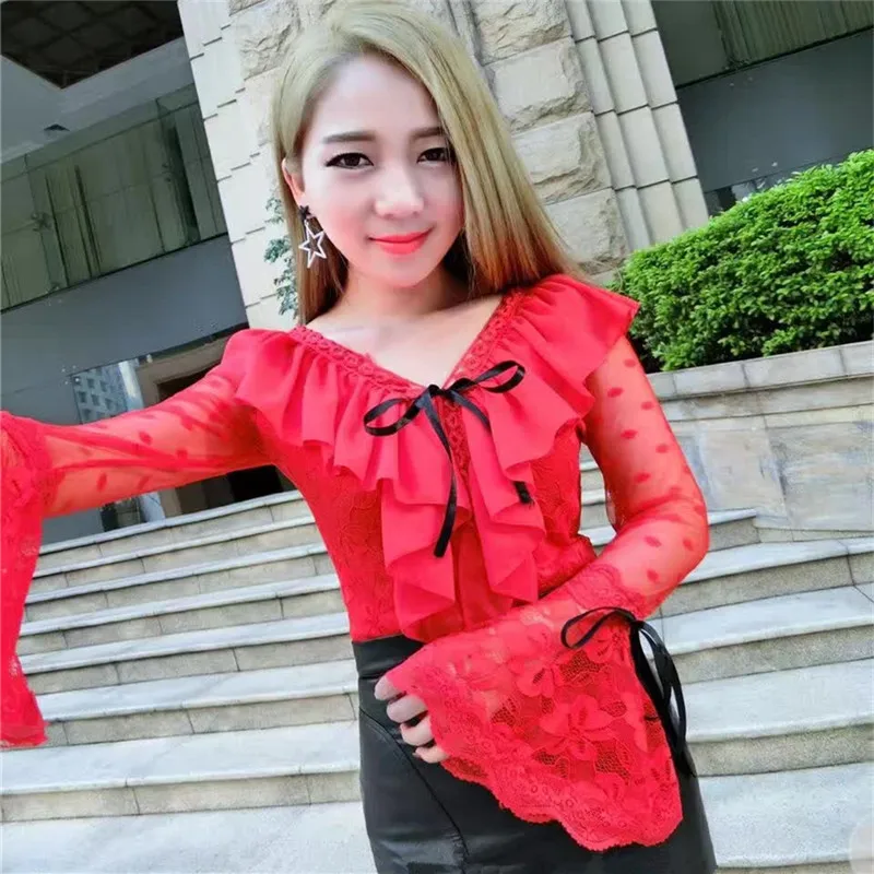 

New Spring Autumn V Neck Floral Lace Blouse Women Sweet Bow Ruffles Mesh Blouses Ladies Flare Sleeve Hollow Out Shirt Short Tops