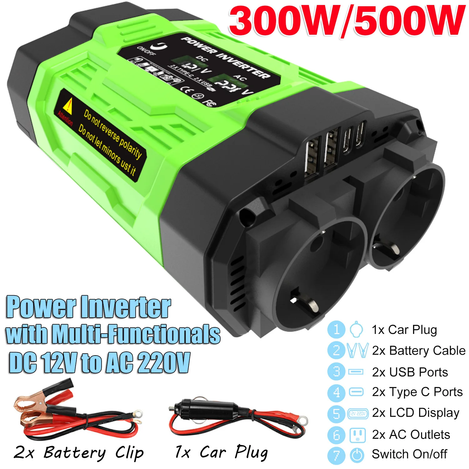

Inverter 200W/300W/500W DC 12V To AC 110V/220V Converter with Dual Outlets USB Type-C LCD for Camping Travel Car Power Inverter