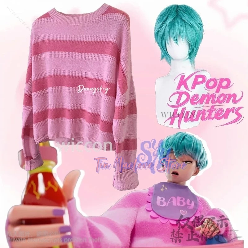 

Demon Saja Boy Cosplay Baby Kpop Group Idol Anime Costume Pink Stripe Uniform Lovely Kawaii Jirai Kei Suit Wigs Halloween Party