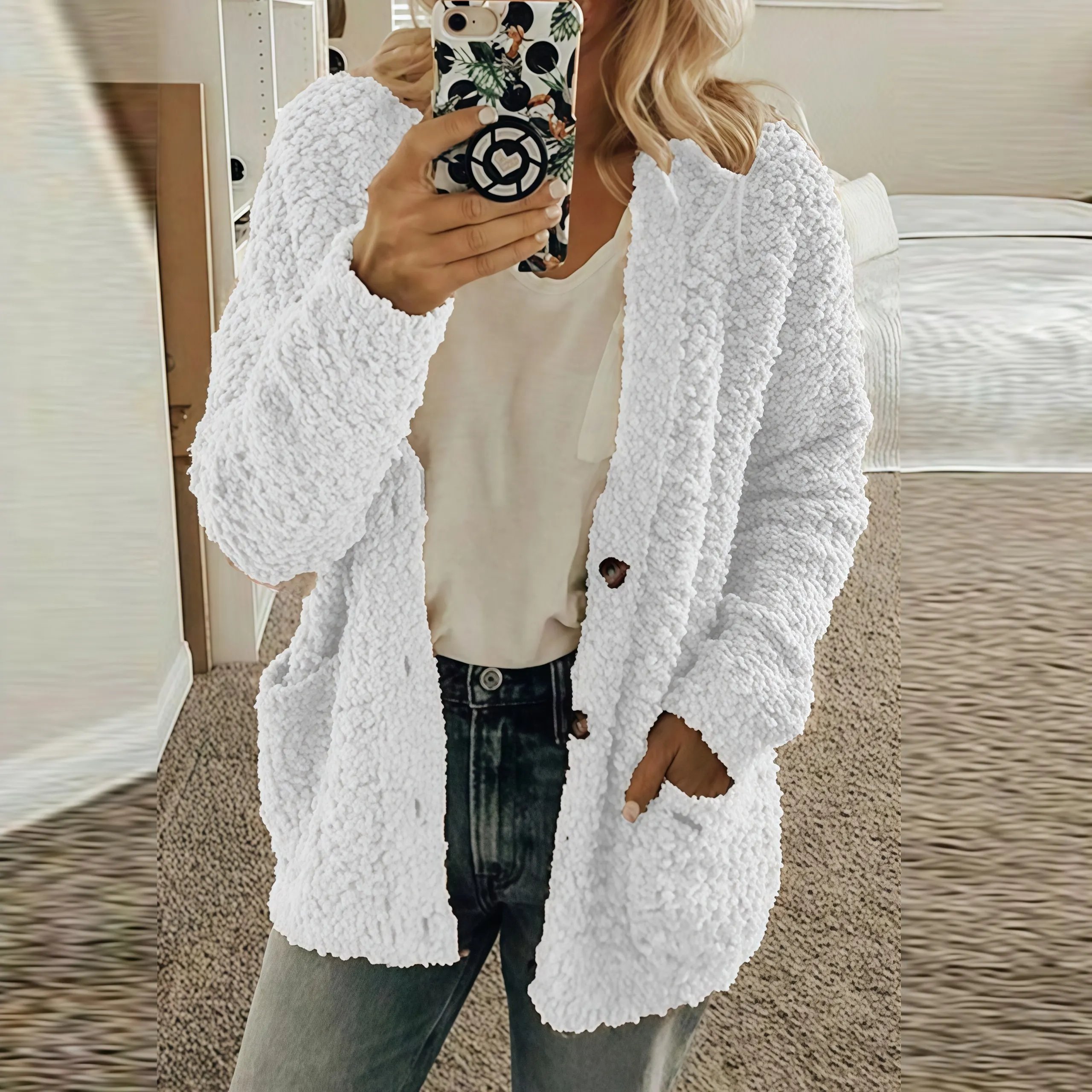 

Women's Long Sleeved Plush Coat with Button and Pocket Details Designed for Casual and Seasonal Wear Across Four Seasons