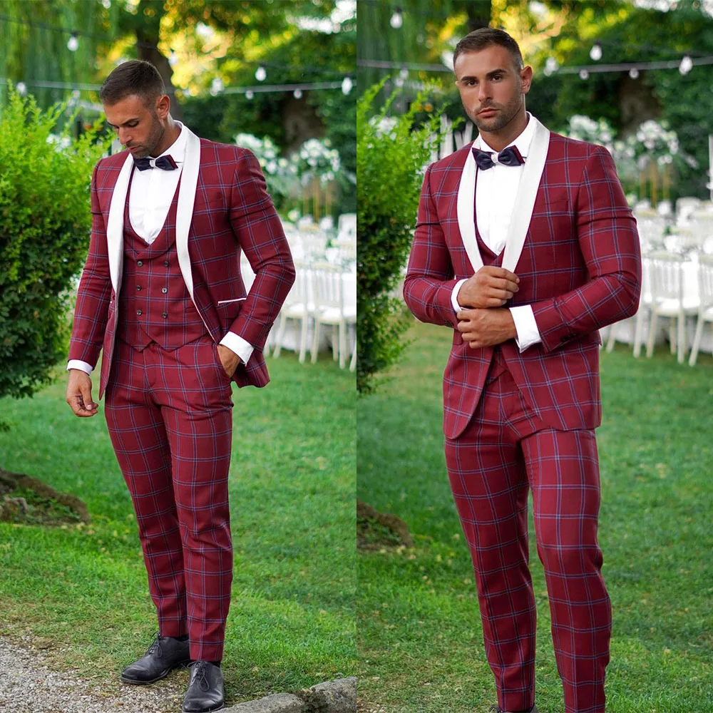 

Men's Fashion 3 pieces Mens Suit Burgundy Plaid Groom Party Tuxedos Groomsmen For Wedding (Blazer+Vest+Pants)