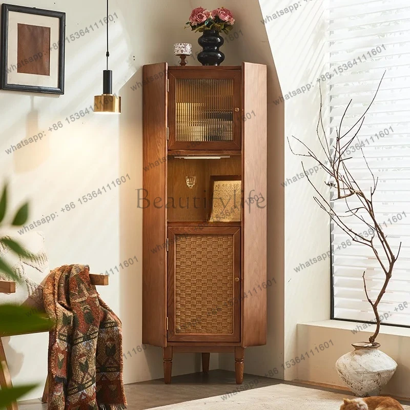 medieval solid wood rattan corner cabinet retro restaurant triangular rattan storage wine cabinet