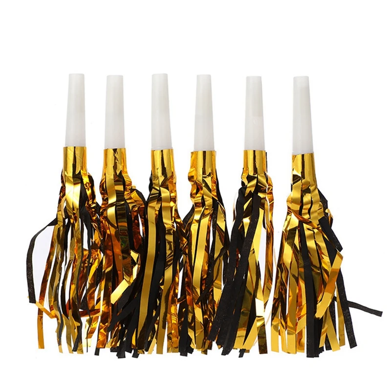 

6Pcs Glitter Metallic Fringed Noise Maker Musical Blow Tassels Little Whistle for Party Match Horn Gold Noise Makers