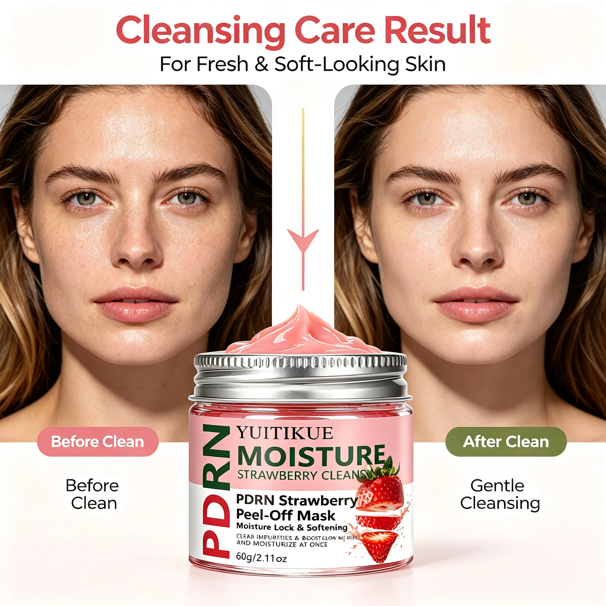 YUITIKUE PDRN Strawberry Peel Off Mask 60g Lock Moisture Soften Skin Clean Impurities Brighten Facial Skin Care Mask