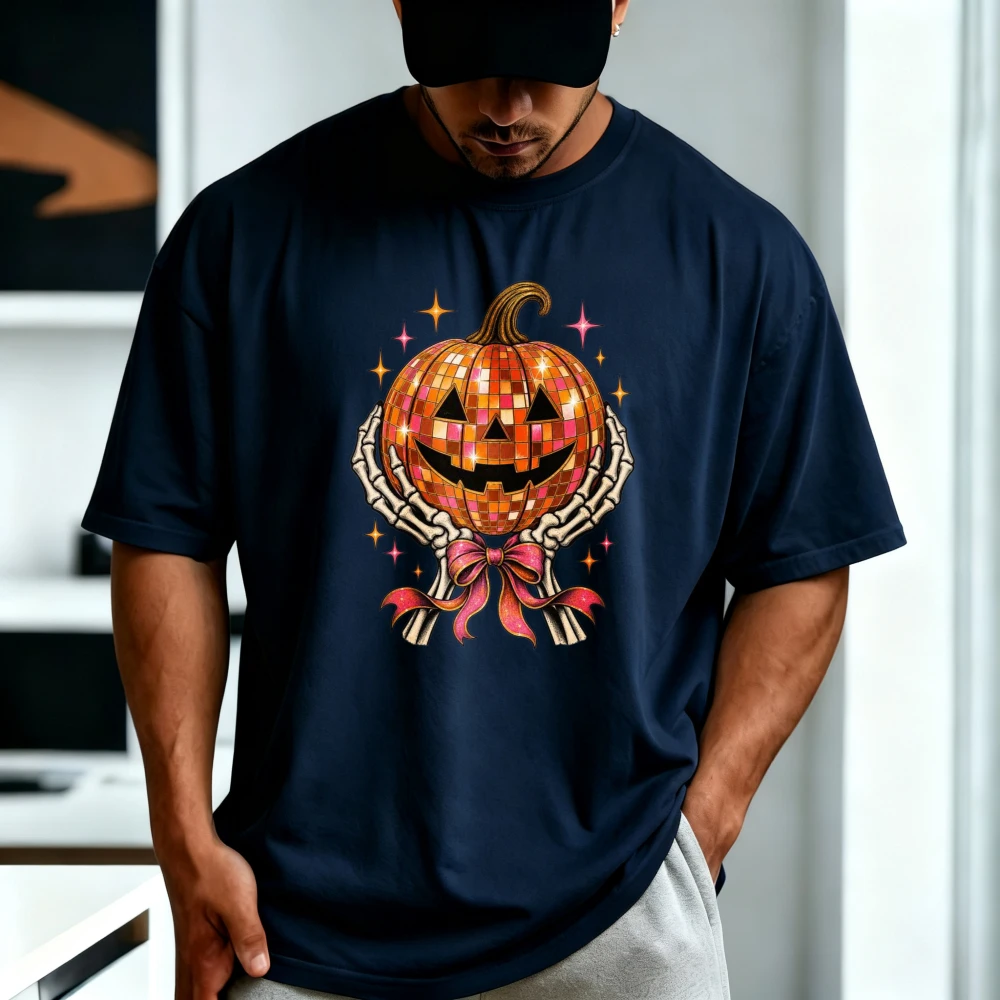 Halloween Disco Pumpkin Bowknot Skeleton T-shirt Cotton Crew Neck Short Sleeve T Shirt Casual Fashion Loose Harajuku Clothing