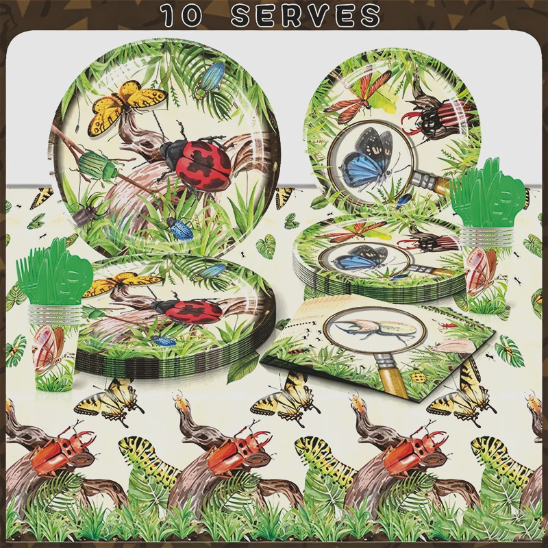 

Insect themed disposable tableware, latex balloons, suitable for children's birthday party decoration, outdoor picnic supplies