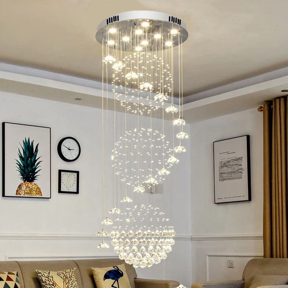 

220V Light Luxury Rotating Stainless Steel K9 Crystal LED Pendant Light Villa Living Room Hotel Lobby