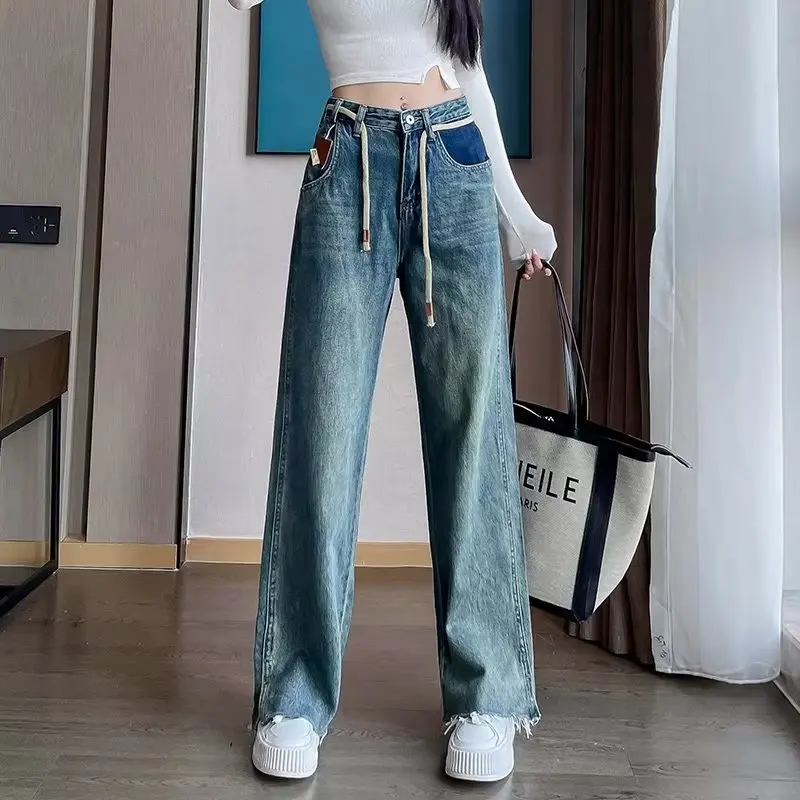 

2024 Leg Floor Dragging Pants Loose Straight Denim Pants Female Women Vintage Street wear）Loose Simple Casual High Waist Wide Le