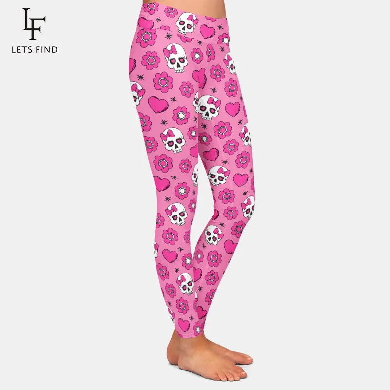 Letsfind 3d flores crânio e coração imprimir calças femininas moda cintura alta macio e confortável fitness elástico leggings