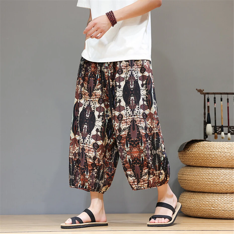 Large Size Harem Shorts Mens Summer Thin Cotton Linen Casual Trousers Men Harajuku Chinese Style Baggy Calf Length Pants Male