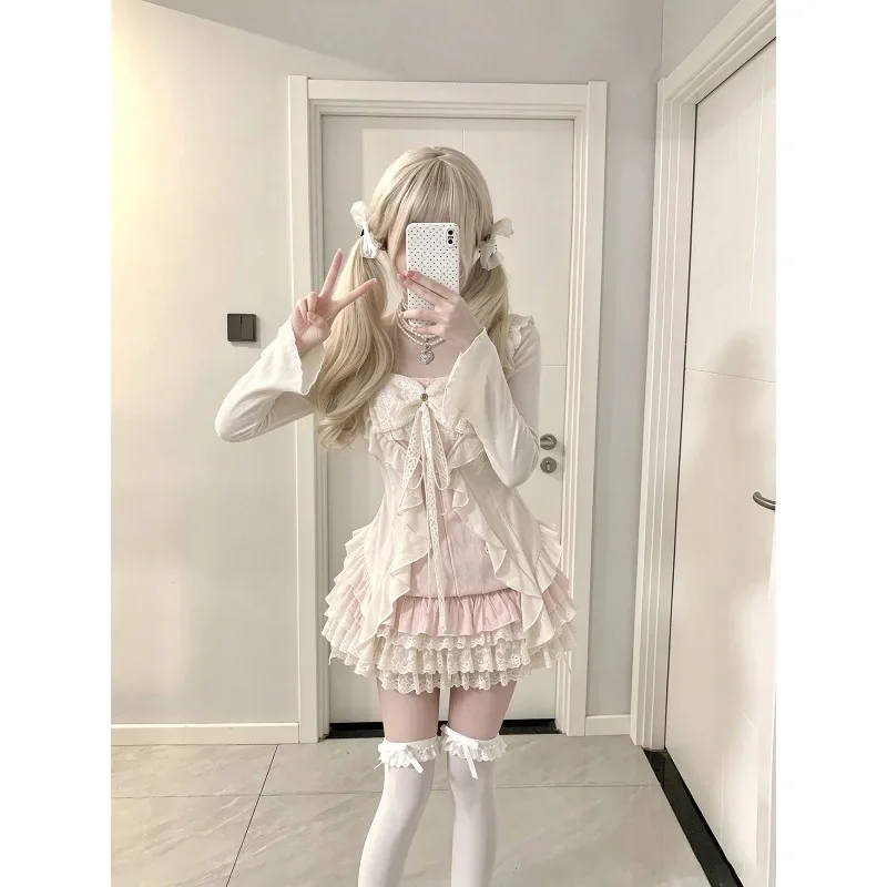 Y2K Harajuku Sweet Lolita 3pcs Casual Outfits Tiered Ruffle Lace Polka Dot Chiffon Cardigan Vest Mini Skirts Christmas PartyWear