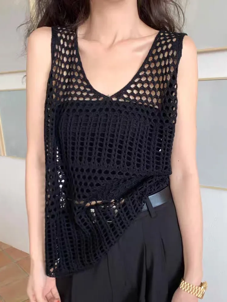 Fashionable solid color knitted women's top, sexy hollow out sleeveless sweater vest, women's casual loose fit