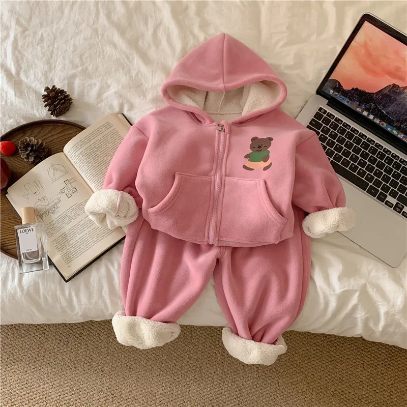 Autumn Winter Plush Warm Children\'s Sets Cute Cartoon Children\'s Clothing Girls Boys Sweater Pant 2Pcs Set