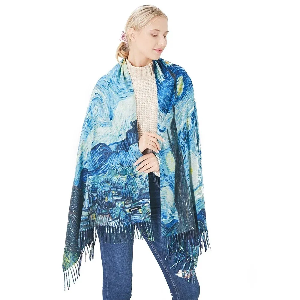 Van gogh pintura a óleo cachecol de caxemira feminino inverno novo céu estrelado pashmina xales e envoltórios senhoras capa cobertor de viagem cachecóis