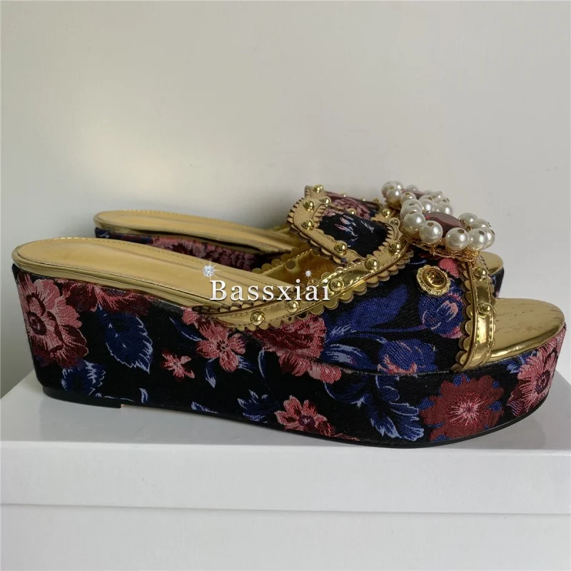 Sandales Brodées en Satin pour Femme, Mules d'Été à Plateforme Haute, Compensées, Décor de Rivets