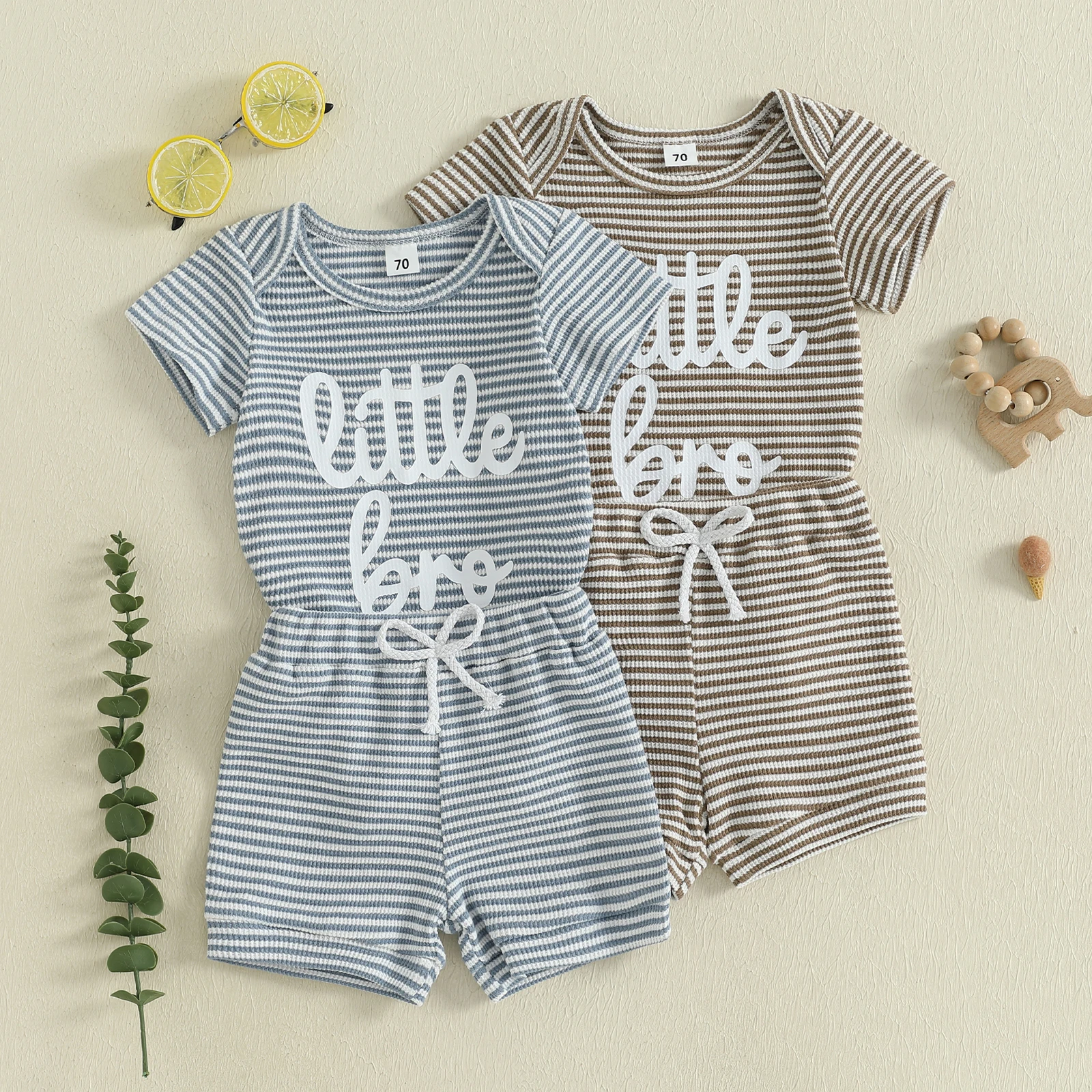 

2025-05-07 Lioraitiin Baby Boys Summer Outfit Letter Print Stripe Short Sleeve Round Neck Romper and Elastic Waist Shorts Set