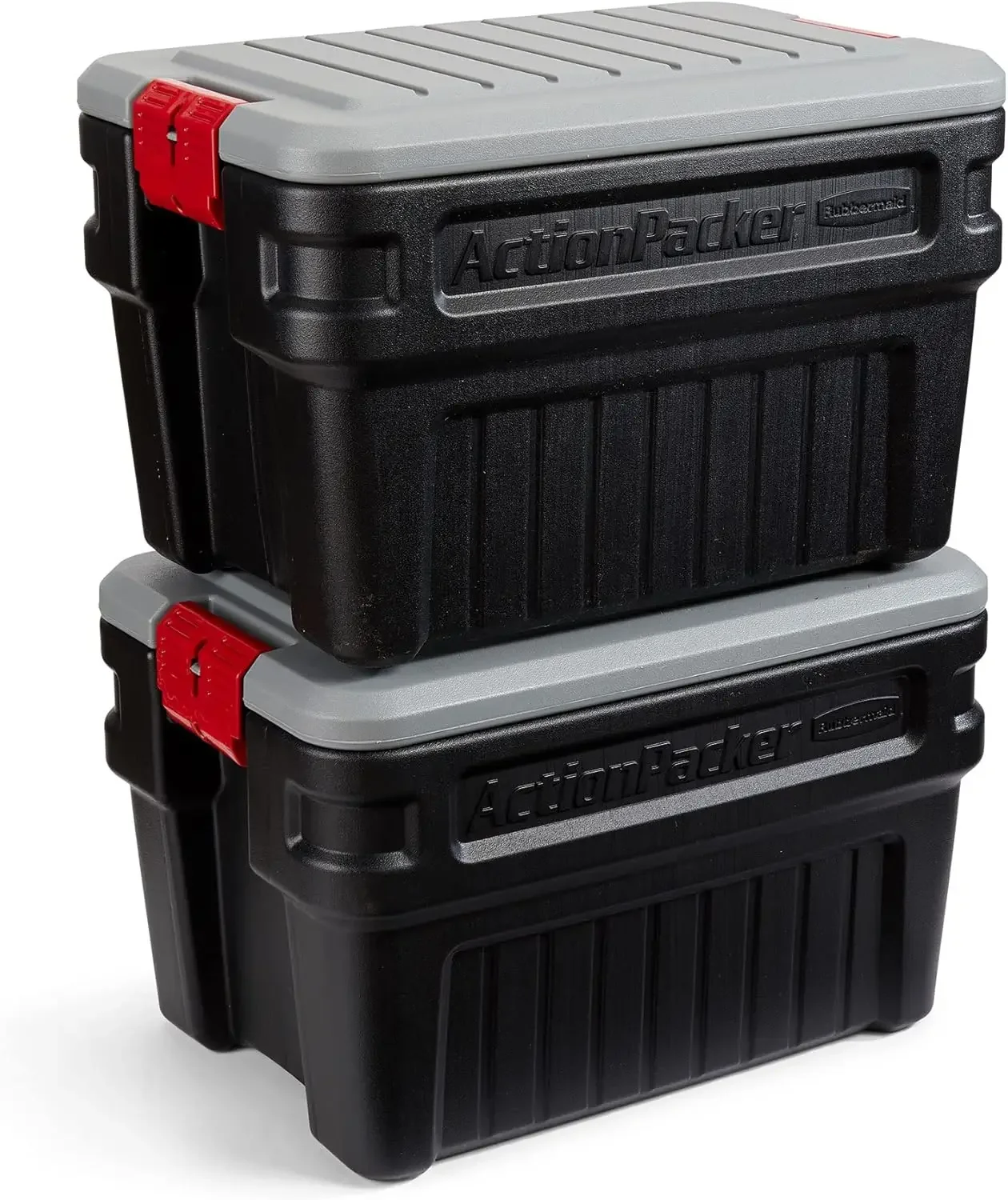 

ActionPacker️ 24 Gal Lockable Storage Box Pack of 2, Outdoor, Industrial, Rugged, Grey and Black