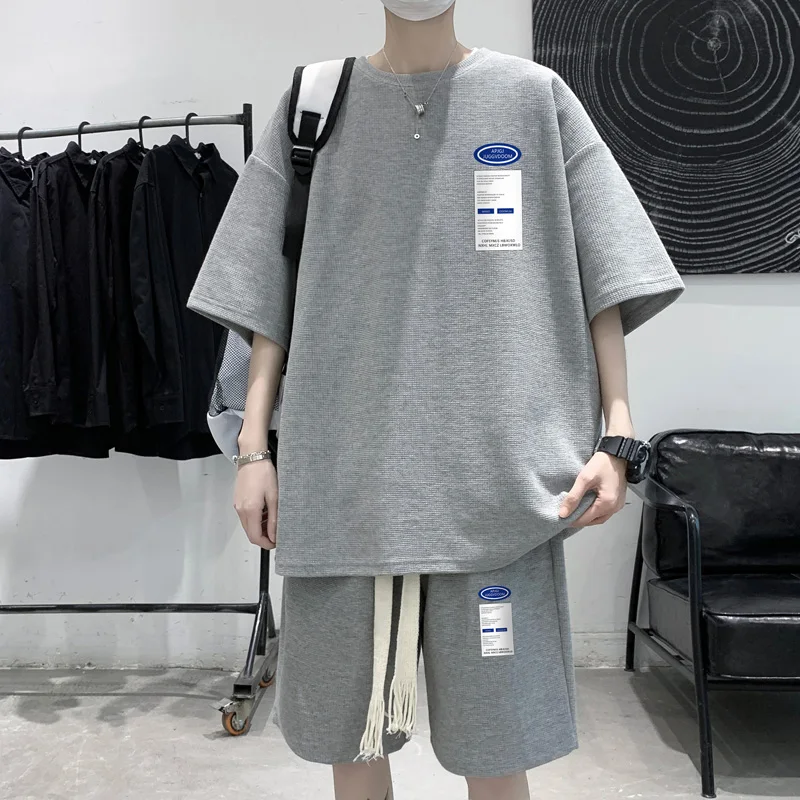 

2022 White Tracksuit Men's T-Shirt Shorts 2-Piece Set Korean of Harajuku High Street Clothing Creative Pattern Men's Short Suit