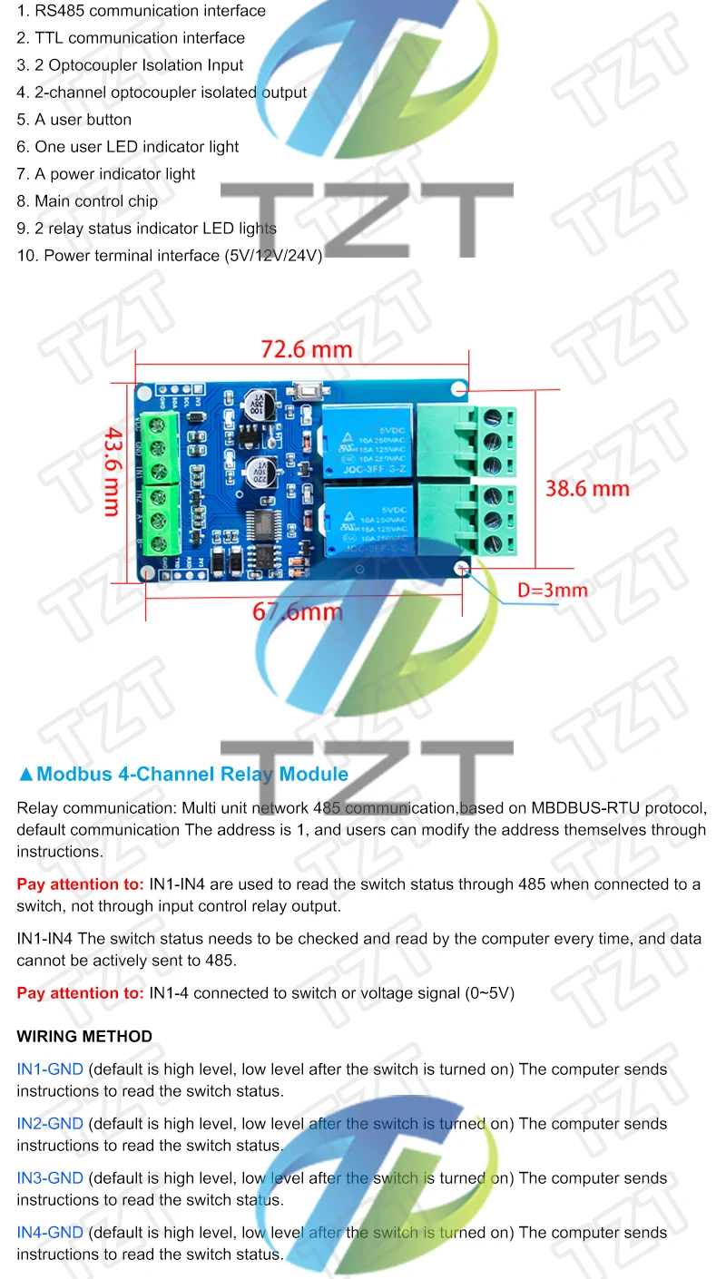 Modbus-RTU Relaismodul 1/1/2/4/8 Kanäle 10A 5V 12V 24V Schalter Eingang Ausgang Optokoppler-Isolation RS485 TTL – Detail 2