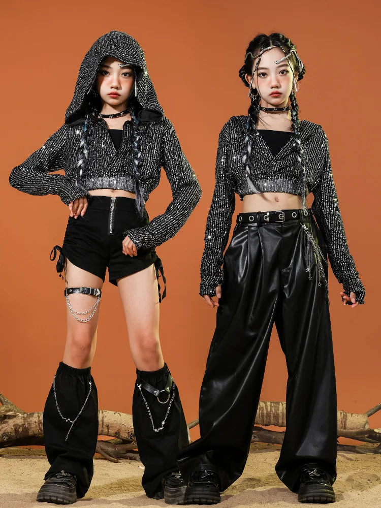 หญิงแจ๊สHip Hop Danceเครื่องแต่งกายเลื่อมHooded Jacketกางเกงหนังเด็กHoodieกางเกงขาสั้นชุดเวทีแฟชั่นแสดงเสื้อผ้า