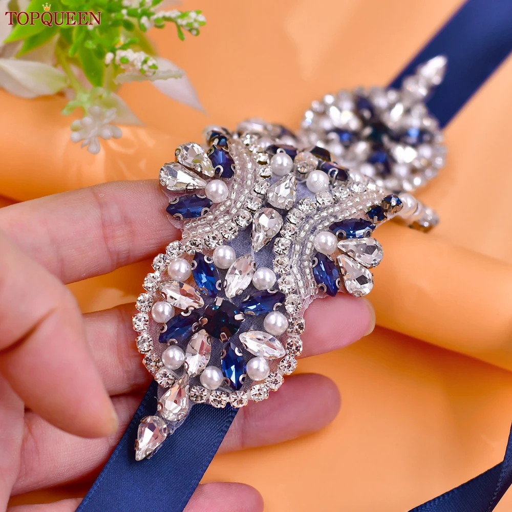 TOPQUEEN جديد الأزرق الداكن حزام ثوب الزفاف حجر لامع تقليد اللؤلؤ حزام الزفاف الكلاسيكية Hot البيع المرأة فستان اكسسوارات S05-ML