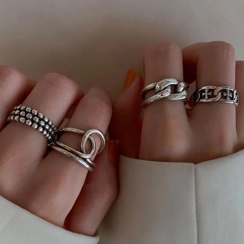 

Heavy Industry Wide Face Combination Ring Female Sterling Silver ins Cold Wind Retro Fashion Personality