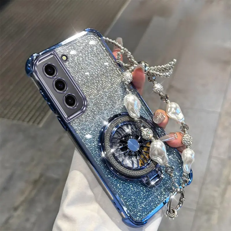 S 21FE Cute Circle Bracket lanyard Plating Phone Case For Samsung S23FE S25 S23Plus S23Ultra S25Ultra S24FE S24 S21FE Cover