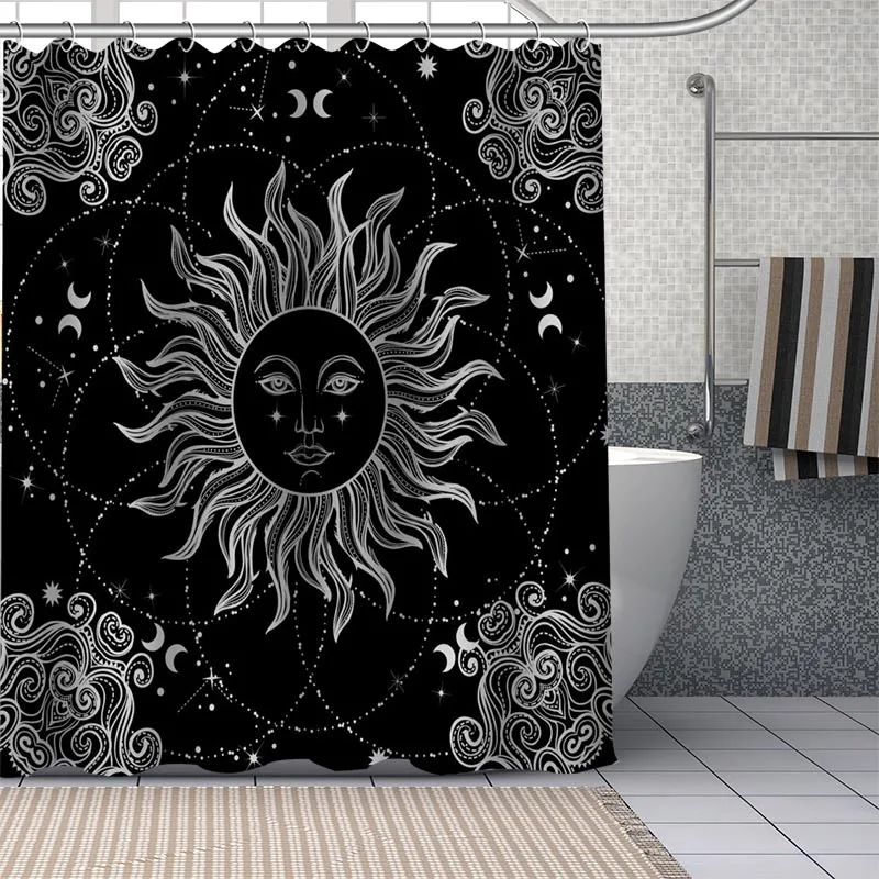 Ins Dark Style Sun Moon Polyester Bath Curtain Waterproof Shower Curtains Geometric Bath Screen Printed Curtain For Bathroom