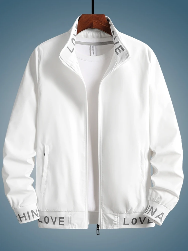 

Men's Casual Spor Jaet Pure White Spring Autumn Stand Collar Windproof Polyester Long Sve Zipper ket Regular Fit