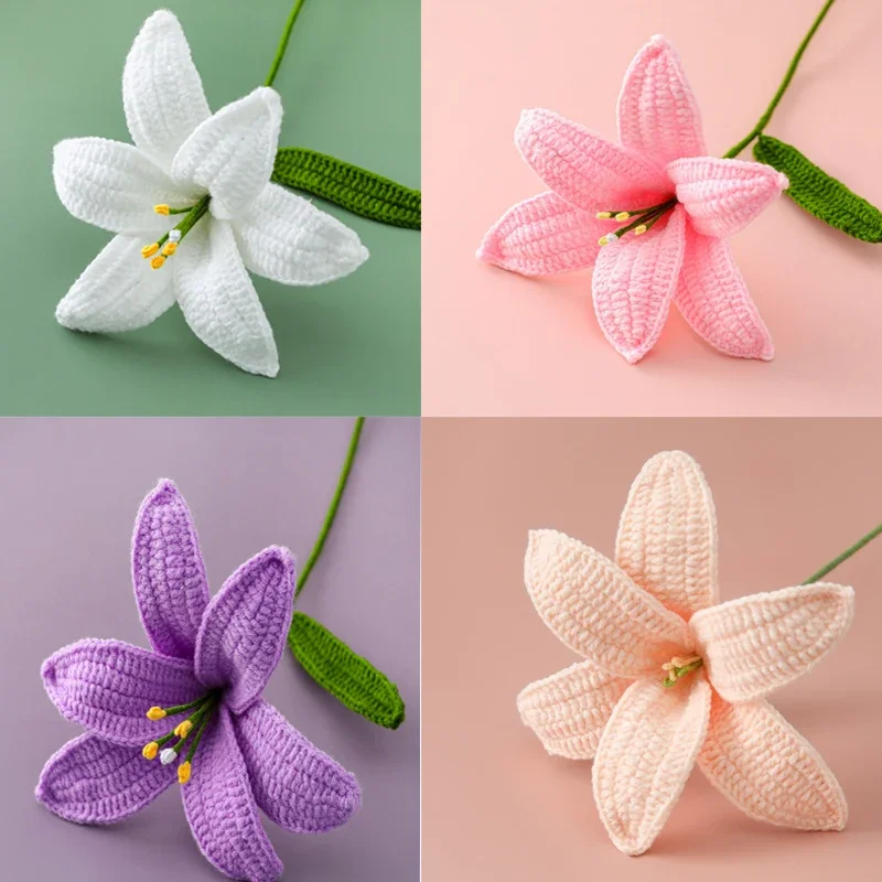 

1Pcs Crochet Lily Flowers Creative Hand-knitted Flower Bouquet Wedding Party Decor Luau party decorations Pink flowers Leaves