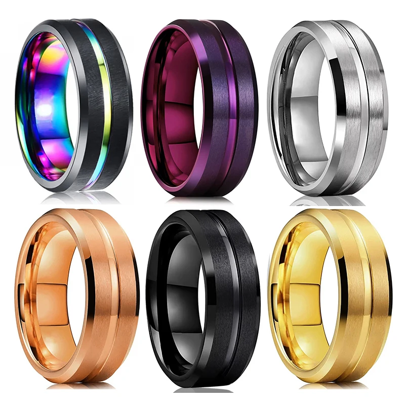 Fashion 8mm Stainless Steel Wedding Band Rings Purple Groove Beveled Edge Engagement Ring for Men Women Valentine Gifts Jewelry