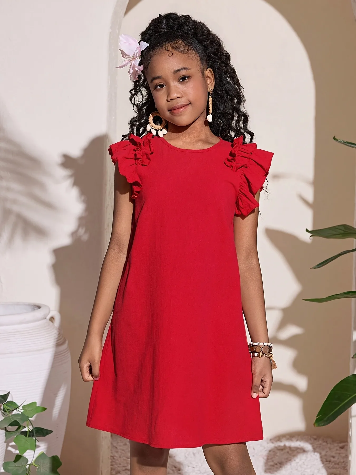 Mädchen Rüschen Ärmelloses Rotes Kleid Rundhals Lässiges A-Linien-Sommerkleid 4-12 Jahre Kinder für Strand Urlaub Party Locker Bequem Sommer-Outfit – Detail 4