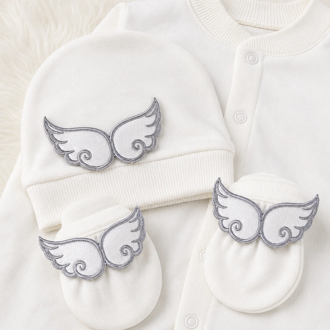 Laurel Crown Badge Embroidered Newborn Long Sleeve Footed Romper 4PCS Angel Wings Soft Cotton Baby Shower Coming Home Gift Set