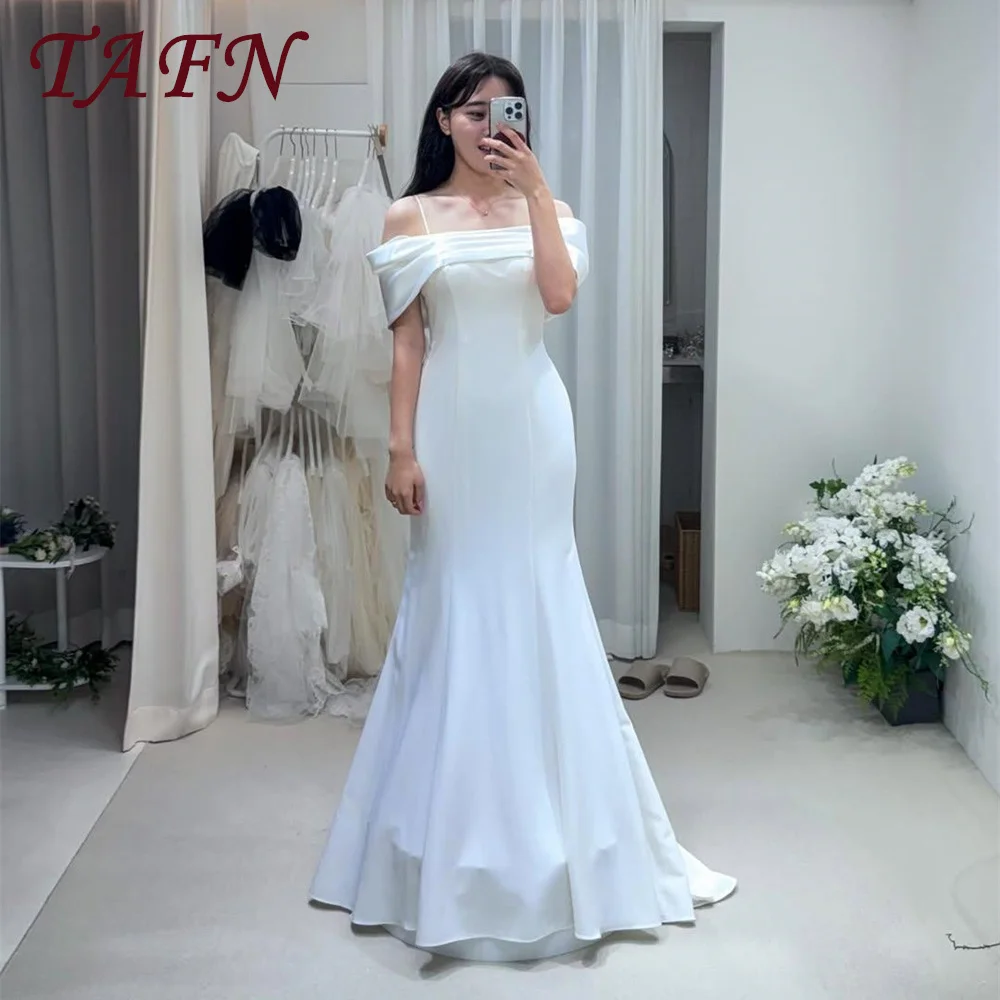 

TAFN Simple Off Shoulder Mermaid Wedding Dresses Spaghetti Straps Floor Length Bridal Gowns Customized Korea Photoshoot Gown