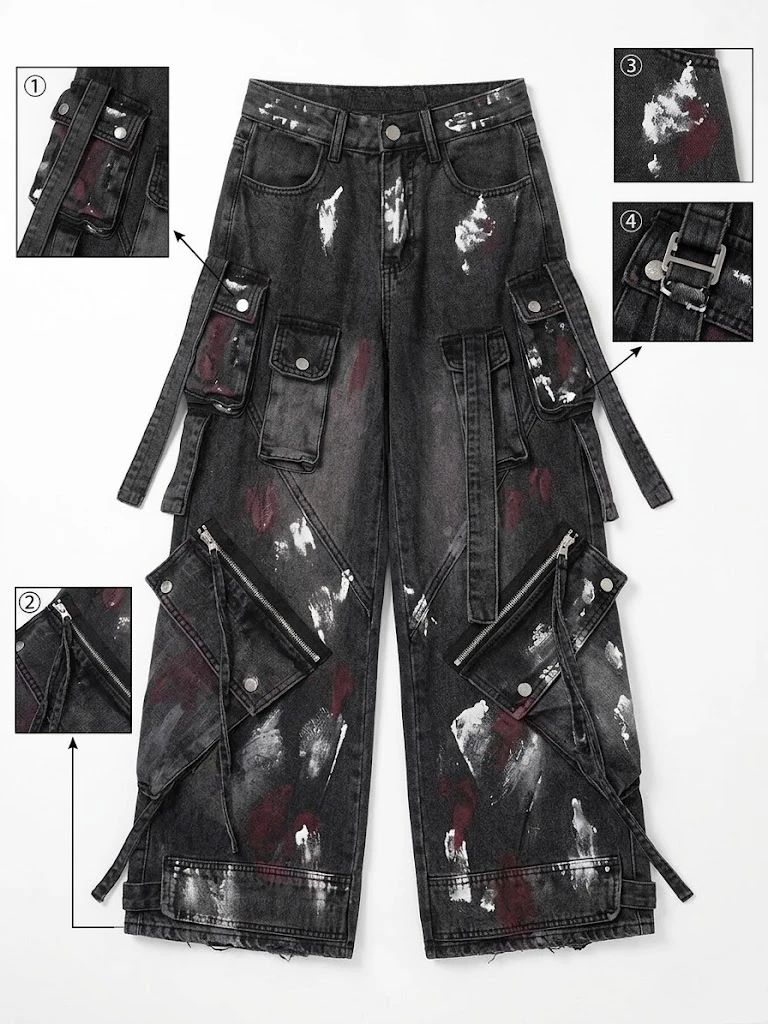Calças Jeans Cargo Vintage Y2K Harajuku com Manchas de Tinta, Streetwear Feminino, Calças Largas de Denim, Estilo Dark Academia Punk