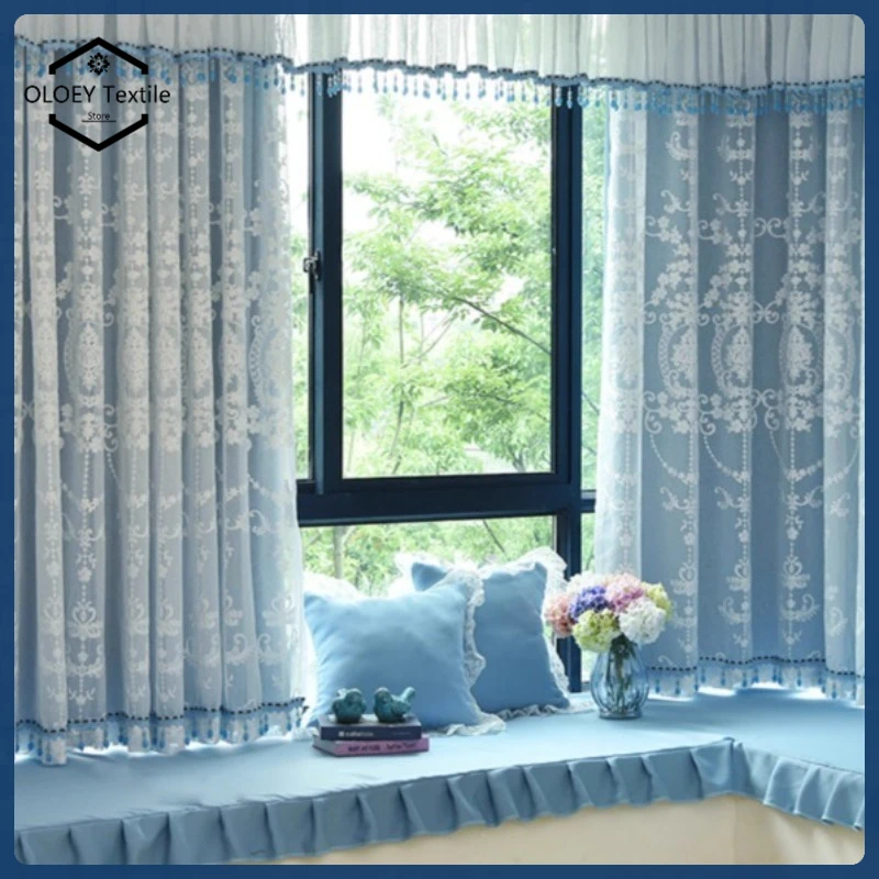 

European Modern Simple Window Blackout Bedroom Living Room French Window Sunshade Heat Insulation Blue Curtains Sheer Curtains