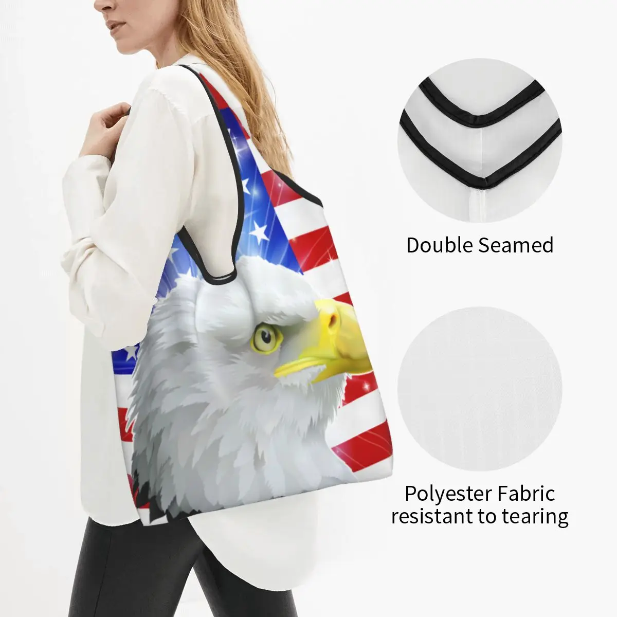 USA Flag American Eagle Grocery Shopping Bags Kawaii Shopper Shoulder Tote Bags Large Capacity Portable Handbag