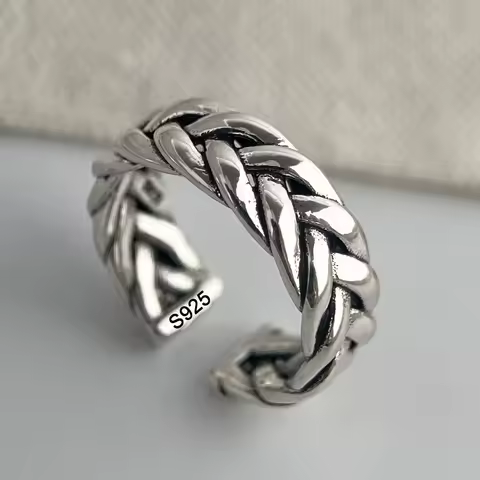 925 Sterling Silver Rings For Women Men Wide Vintage Chain Open Ring For Birthday Party Gift