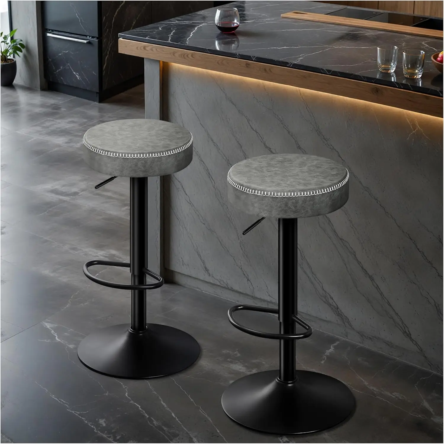 

Adjustable Bar Stools Backless Kitchen Barstools， Round Seat Swivel Counter Height Bar Stools Modern Microfiber Leather Chairs