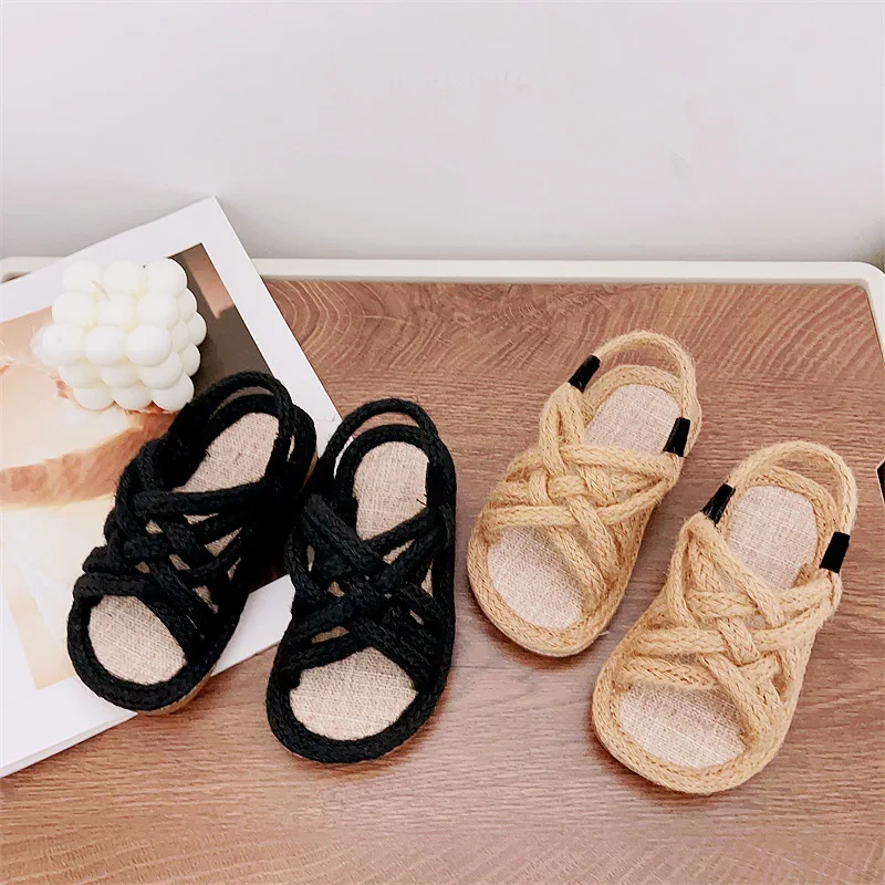 Kids Sandals Gilrs Boys Handmade Weave Open Toe Summer Shoes Trendy Flats Slip On Hemp Rope Anti-Slip Children Slippers